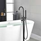 2-Handle Freestanding Floor Mount Bath Tub Filler Faucet with Handheld Shower in Matte Black