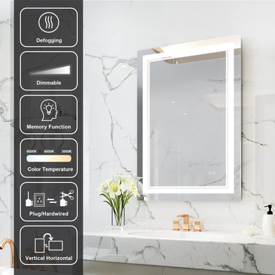 24 in. W x 36 in. H Frameless Rectangular LED Light Wall Mount Bathroom Mirror