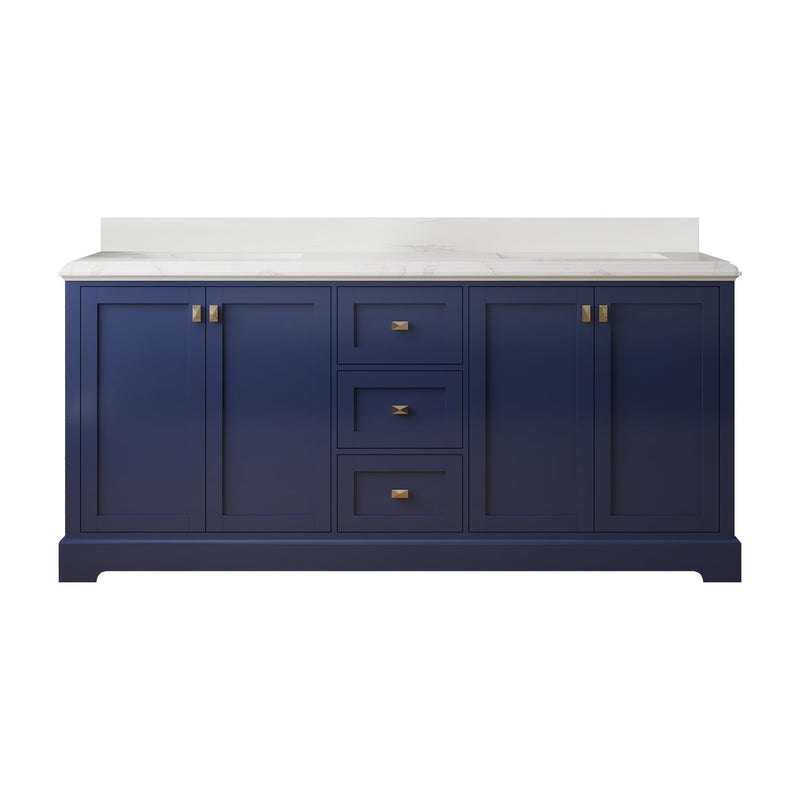 72-in Undermount Double Sinks Freestanding Bathroom Vanity with White Top in Navy Blue