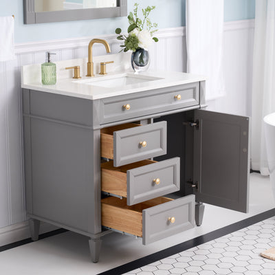 36 in. Bathroom Vanity in Grey with Quartz Vanity Top in Carrara with Single White Basin