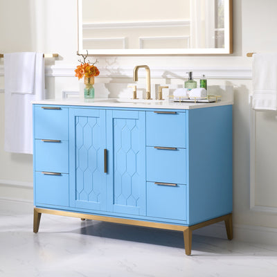 48 in. W x 22 in. D x 35 in. H Bathroom Vanity in Light Blue with Carrara White Quartz Vanity Top with White Sink