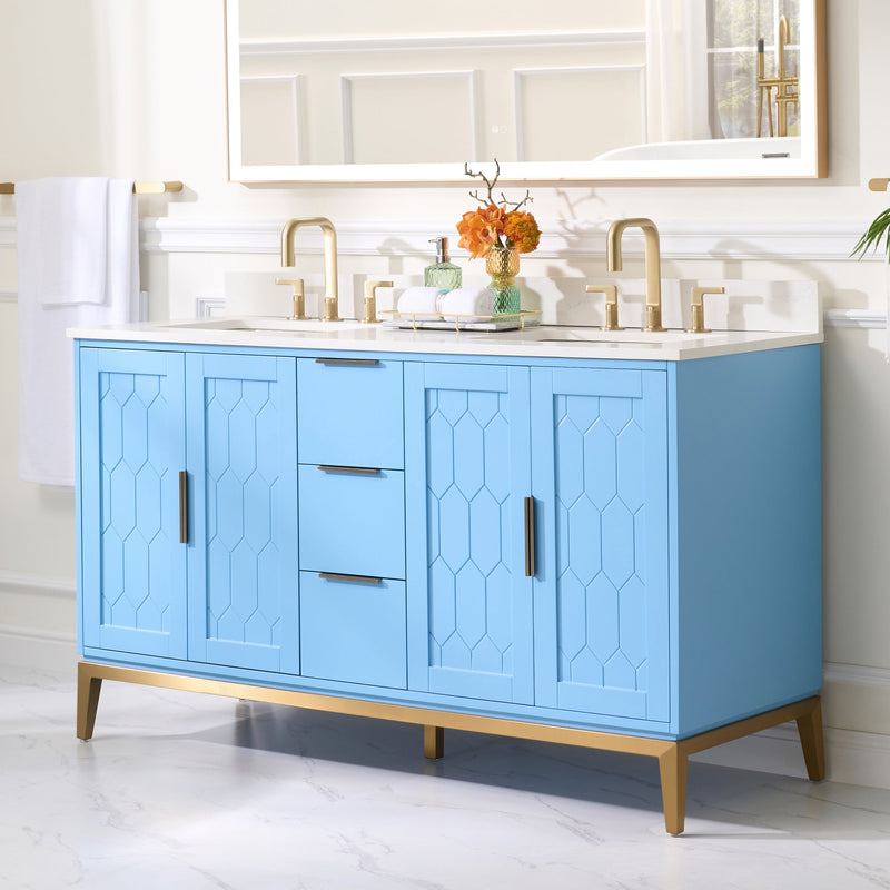 60 in. W x 22 in. D x 35 in. H Bathroom Vanity in Light Blue with Carrara White Quartz Vanity Top with White Sink