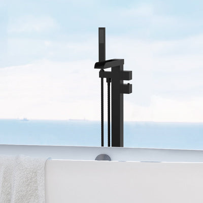 Waterfall Tub Filler Black Floor Mount Brass Bathroom Faucets with Hand Shower