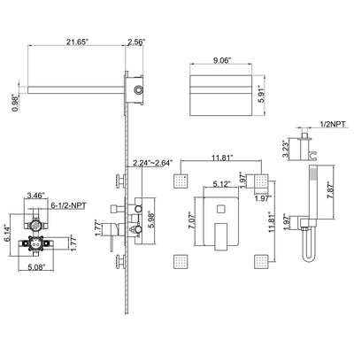 Wall Mounted 3-Function Shower System With 4 Body Jets