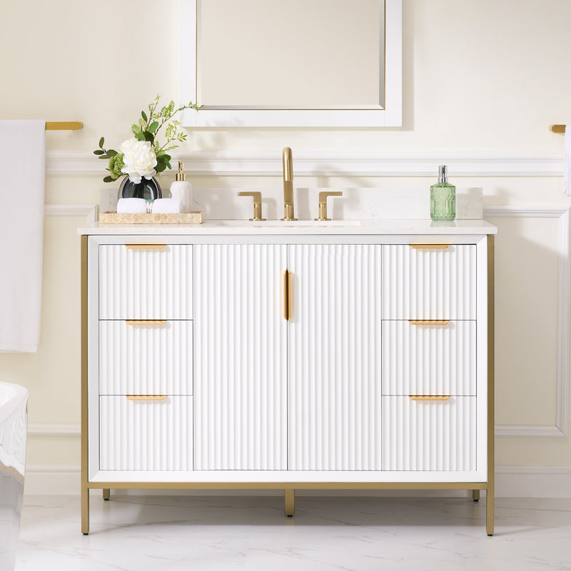 48 in. Bathroom Vanity in White with Quartz Vanity Top in Carrara