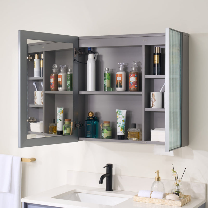 30 in. W x 28 in. H Rectangular Surface Mount LED Mirror Medicine Cabinet in Gray