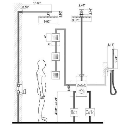 Thermostatic Rainfall Shower System With 3 PCS Body Jets Mixer Set