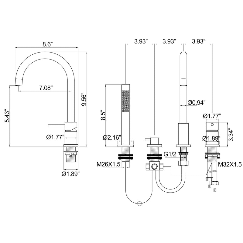 Deck Mounted 4 Hole Bathtub Filler Faucet With Double Handle