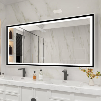 72 in. W x 36 in. H Large Rectangular Framed LED Light Anti-Fog Wall Bathroom Vanity Mirror in Black