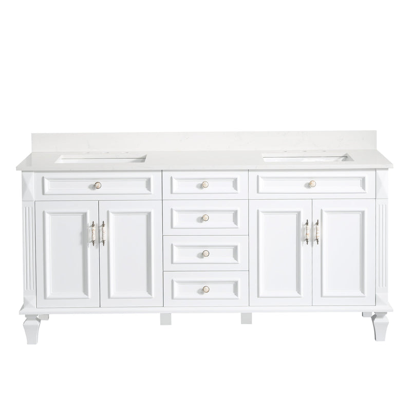 72inch White Single Sink Freestanding Solid Wood Bathroom Vanity Storage Organizer with Carrara White Quartz Countertop