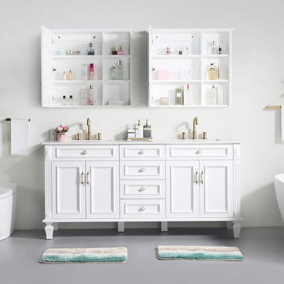 72inch White Single Sink Freestanding Solid Wood Bathroom Vanity Storage Organizer with Carrara White Quartz Countertop