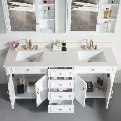 72inch White Single Sink Freestanding Solid Wood Bathroom Vanity Storage Organizer with Carrara White Quartz Countertop