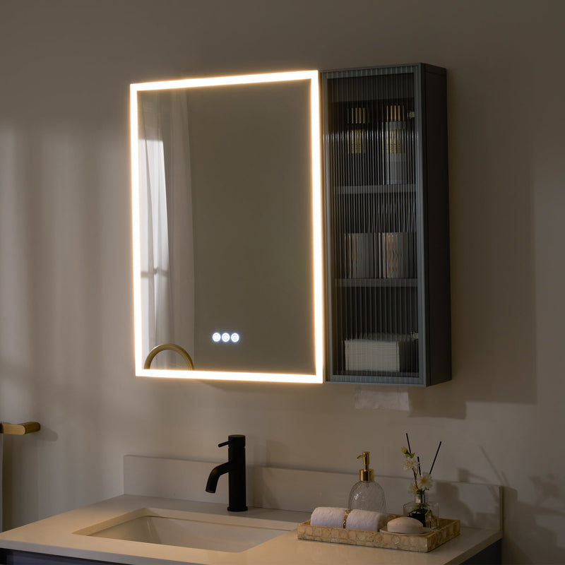 30 in. W x 28 in. H Rectangular Surface Mount LED Mirror Medicine Cabinet in Gray