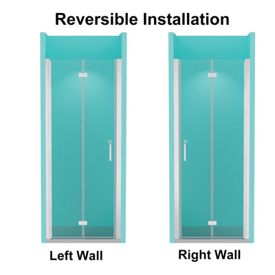 30inch W x 72inch H Folding Shower Door Semi-Frameless Hinged Chrome Shower Door with Handle