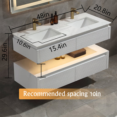 48 in. Floating Bathroom Vanity Set in White with Lights and White Marble Countertop with Double Basin