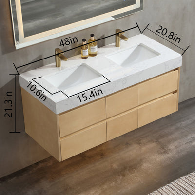 48 inch Modern Floating Maple Wood Bathroom Vanity Cabinet with LED Light and Double Basin