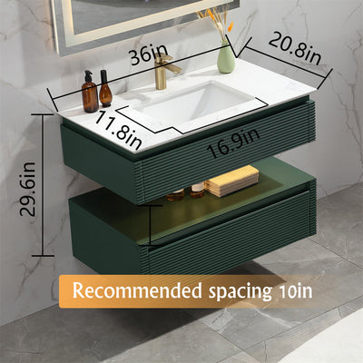 36 in. Floating Bathroom Vanity Set in Green with Lights and White Marble Countertop