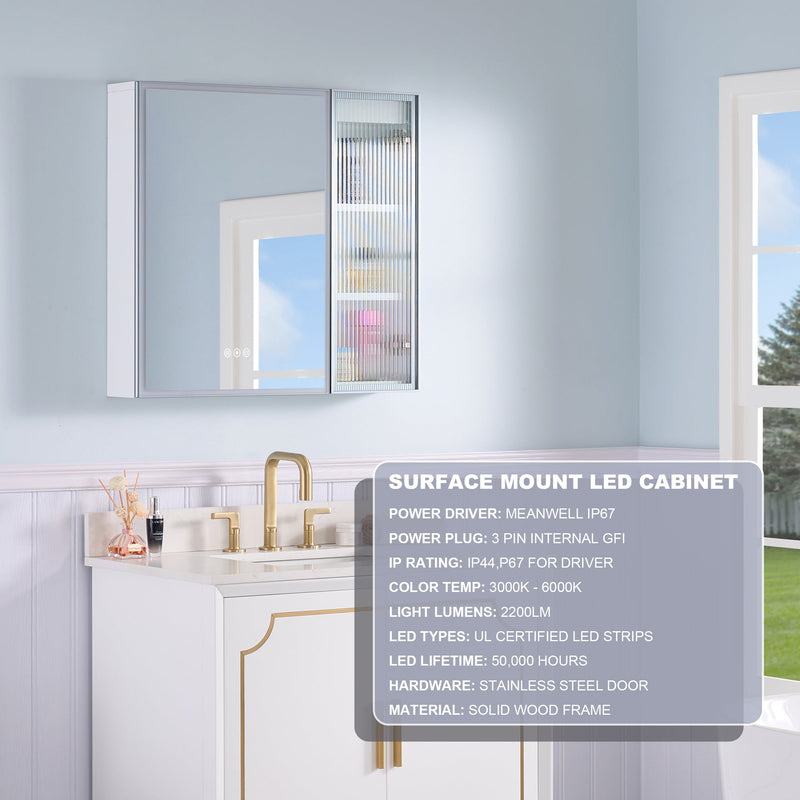 30 in. W x 28 in. H Rectangular Surface Mount LED Mirror Medicine Cabinet in White