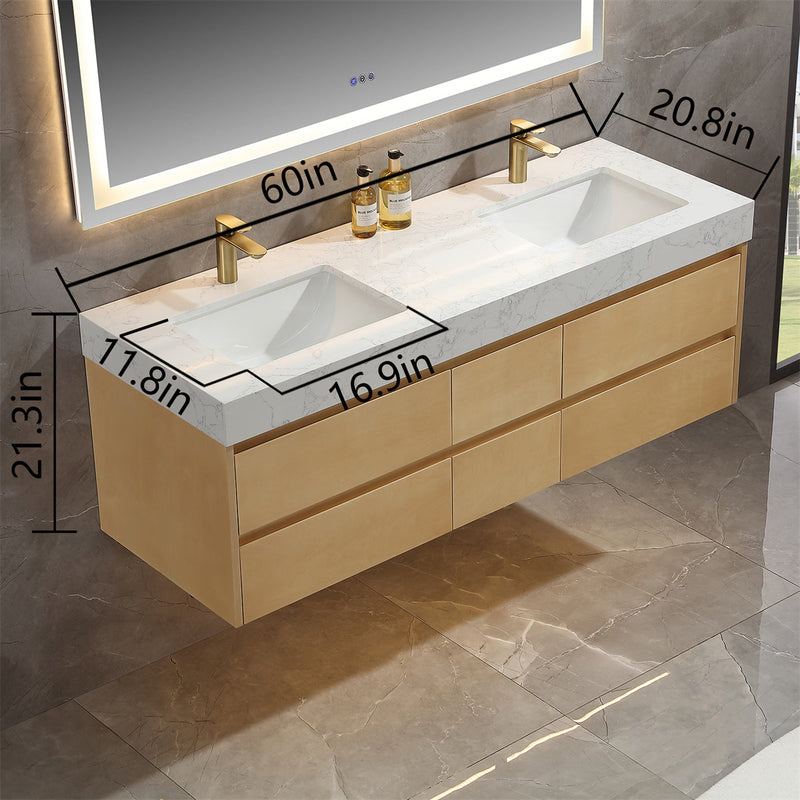 60 inch Modern Floating Maple Wood Bathroom Vanity Cabinet with LED Light and Double Basin