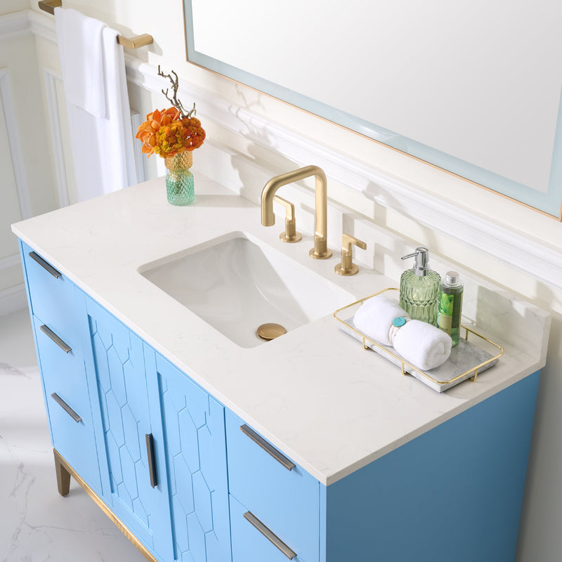 48 in. W x 22 in. D x 35 in. H Bathroom Vanity in Light Blue with Carrara White Quartz Vanity Top with White Sink