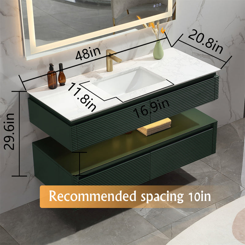 48 in. Floating Bathroom Vanity Set in Green with Lights and White Marble Countertop