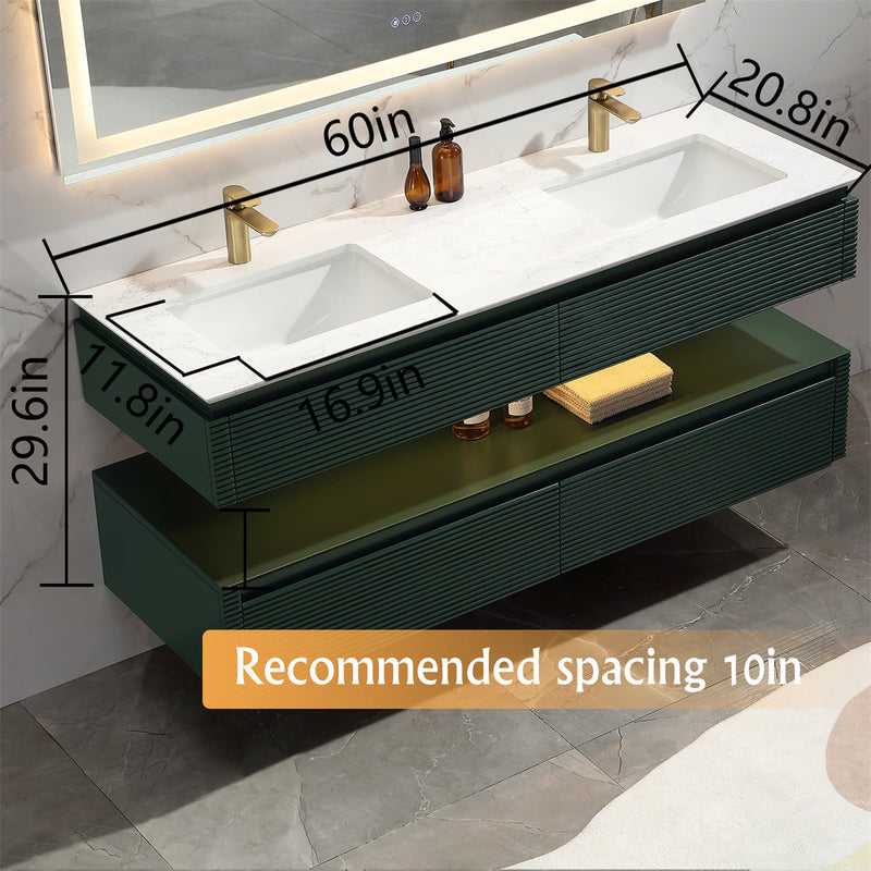 60 in. Floating Bathroom Vanity Set in Green with Lights and White Marble Countertop with Double Basin