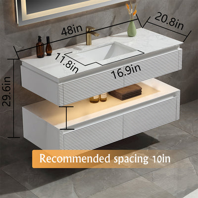 48 in. Floating Bathroom Vanity Set in White with Lights and White Marble Countertop