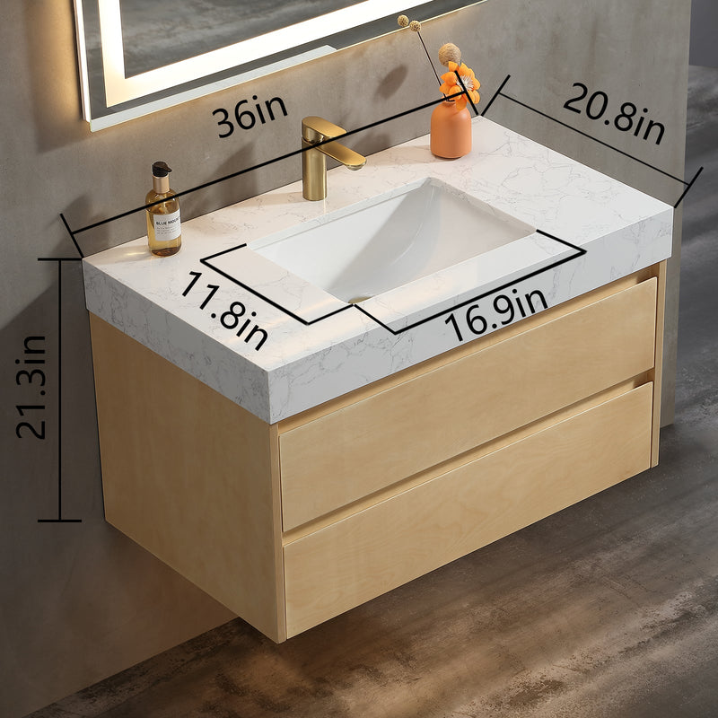 36 inch Modern Floating Maple Wood Bathroom Vanity Cabinet with LED Light and Stone Slab Countertop