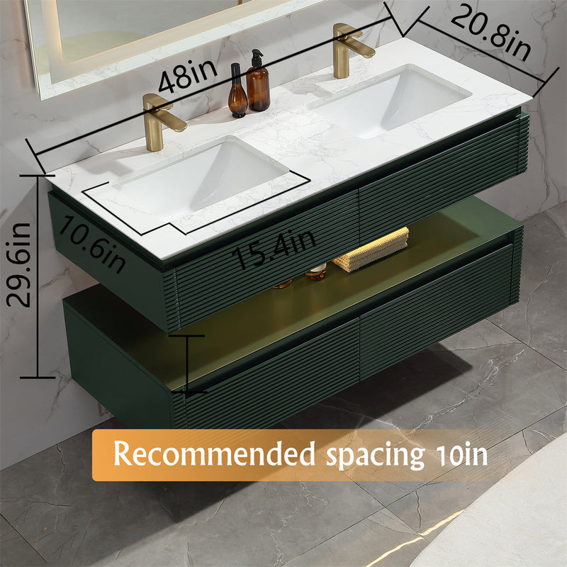 48 in. Floating Bathroom Vanity Set in Green with Lights and White Marble Countertop with Double Basin