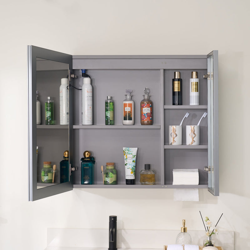 30 in. W x 28 in. H Rectangular Surface Mount LED Mirror Medicine Cabinet in Gray