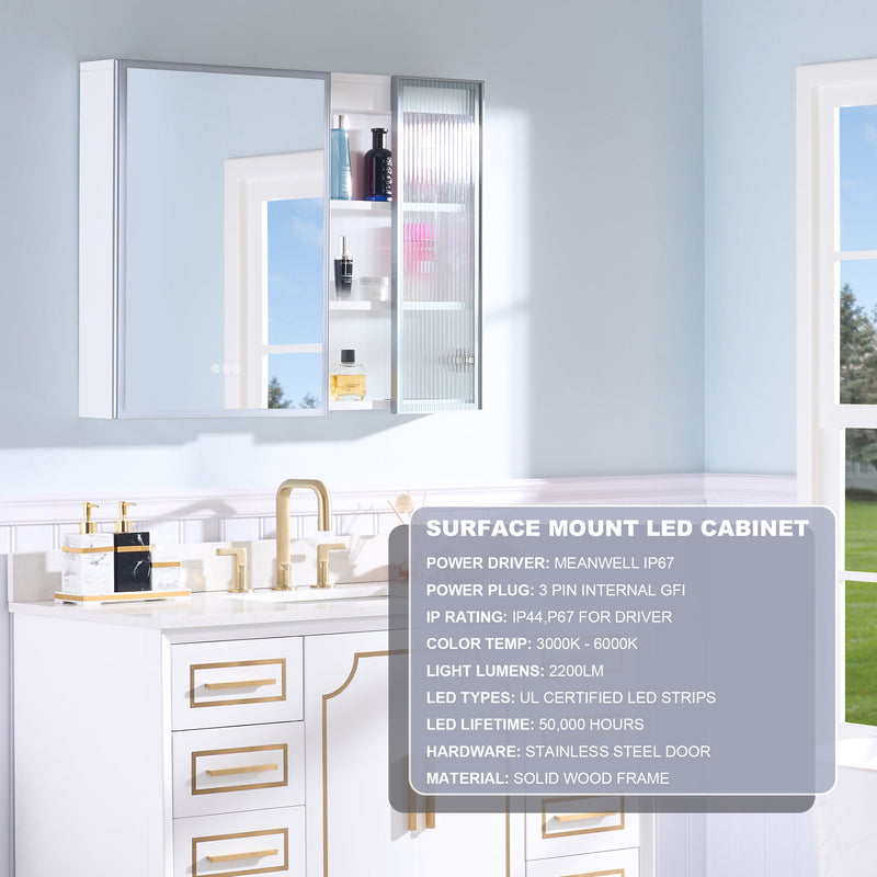 36 in. W x 28 in. H Rectangular Surface Mount LED Mirror Medicine Cabinet in White