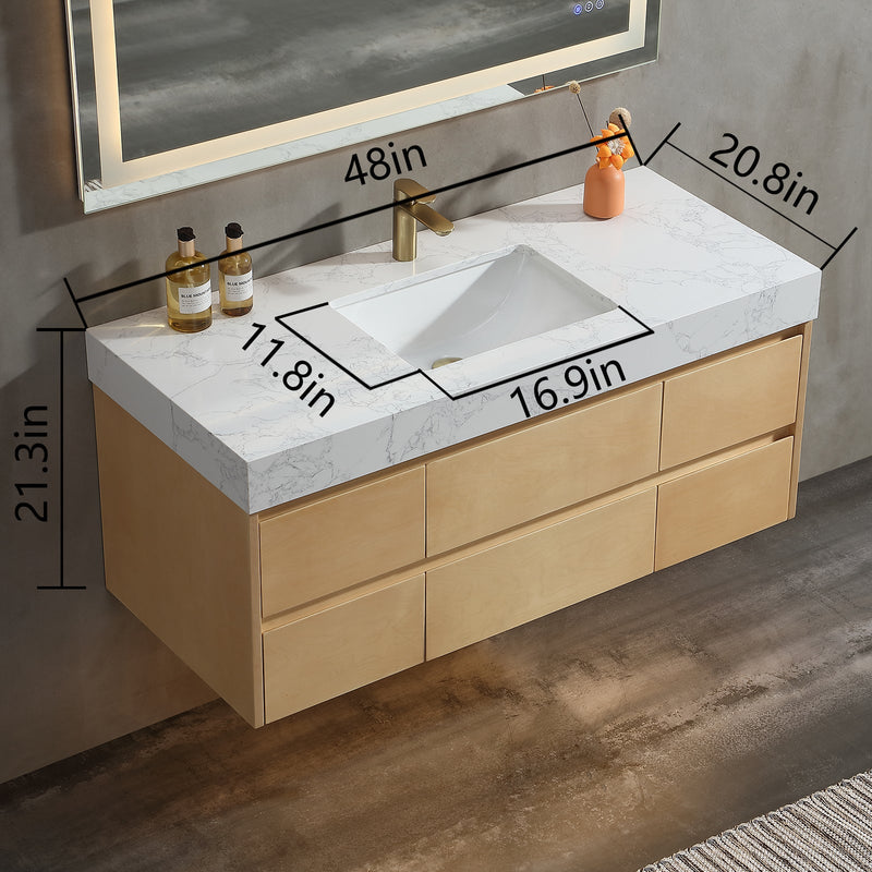 48 inch Modern Floating Maple Wood Bathroom Vanity Cabinet with LED Light and Stone Slab Countertop