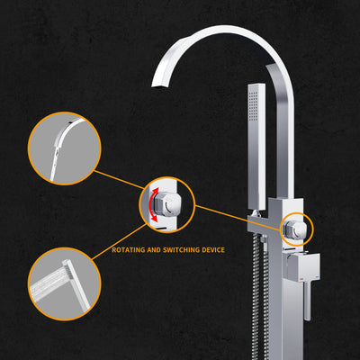 Waterfall Single Handle Floor Mount Freestanding Tub Faucet Bathtub Filler with Hand Shower