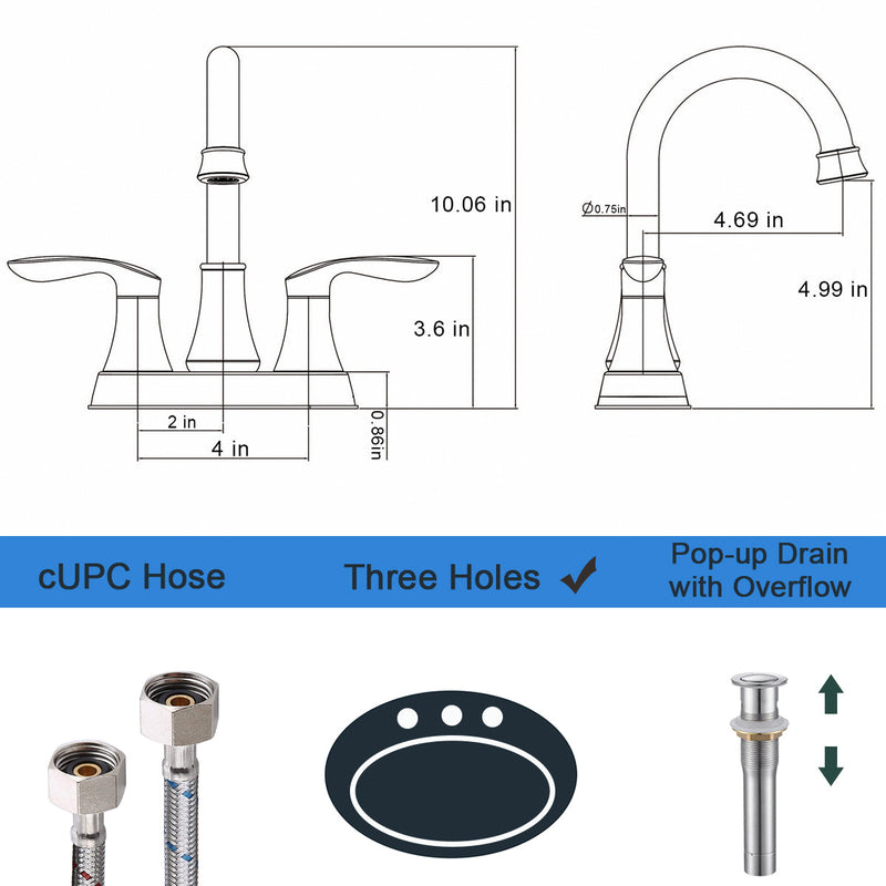 4 in. Centerset Double Handle High Arc Bathroom Faucet with Drain Kit Included