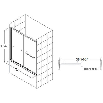 Bathtub 60 in. x 57 in. Semi Frameless Double Sliding Door, Shower Cubicle with Handle, Brushed Nickel