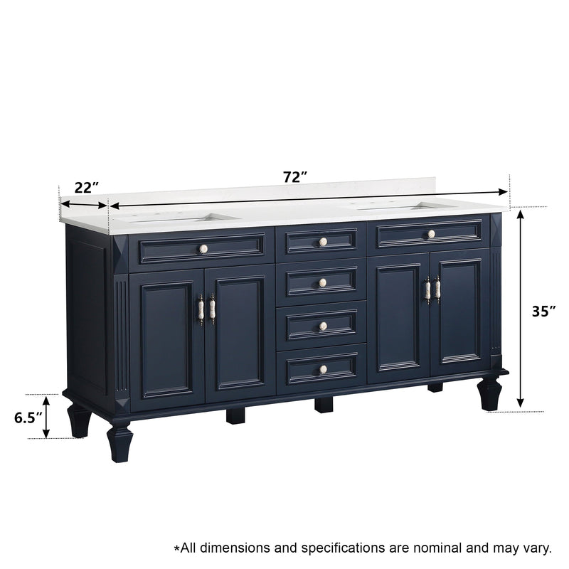 72inch Navy Blue Freestanding Solid Wood Bathroom Vanity Storage Organizer with Carrara White Quartz Countertop