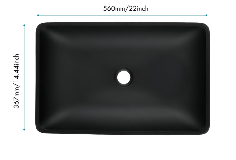 14.38in L -22.25in W -13.0in H Matte Shell  Glass Rectangular Vessel Bathroom Sink in Black