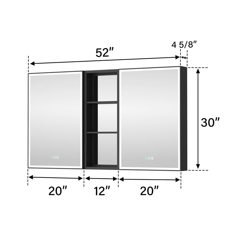 52 in. x 30 in. Black Aluminum Medicine Cabinet with Mirror and LED Light