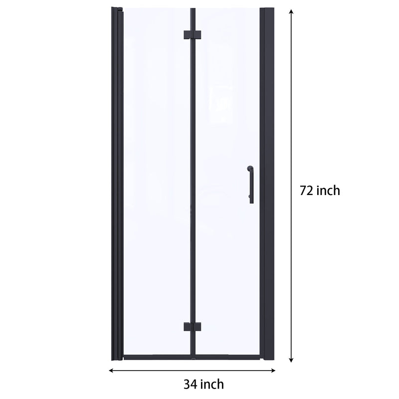 34inch W x 72inch H Folding Semi-Frameless Swing Hinged Shower Doors in Black