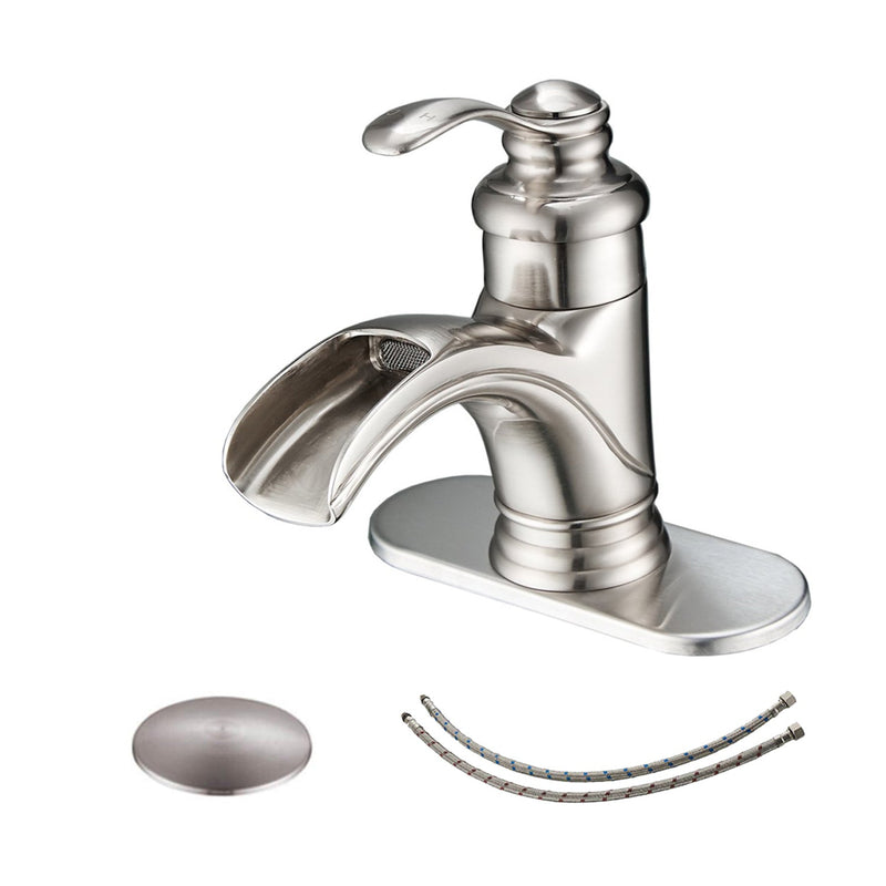 Waterfall Single Handle Single Hole Low Spout Bathroom Faucet with Drain Kit Included