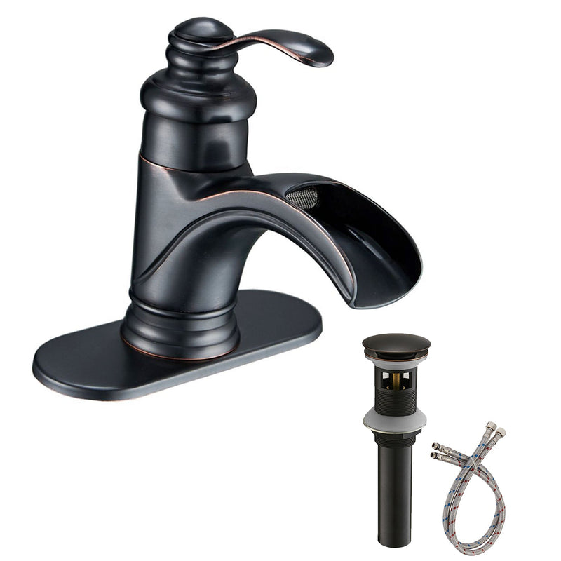 Waterfall Single Handle Single Hole Low Spout Bathroom Faucet with Drain Kit Included