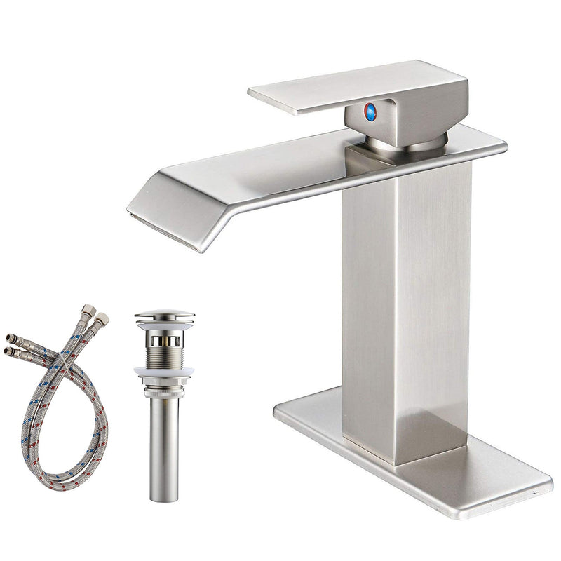 Waterfall Single-Handle Low-Arc Bathroom Faucet With Pop-up Drain Assembly