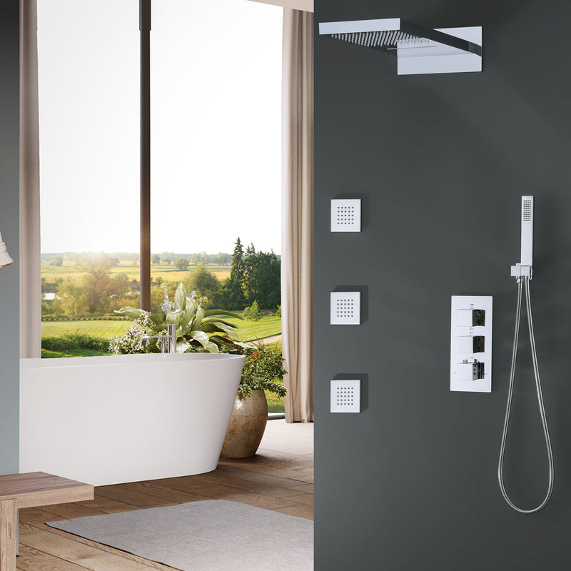 Wall Mounted Golden 3 Handle Thermostatic Shower System With 3 Body Jets