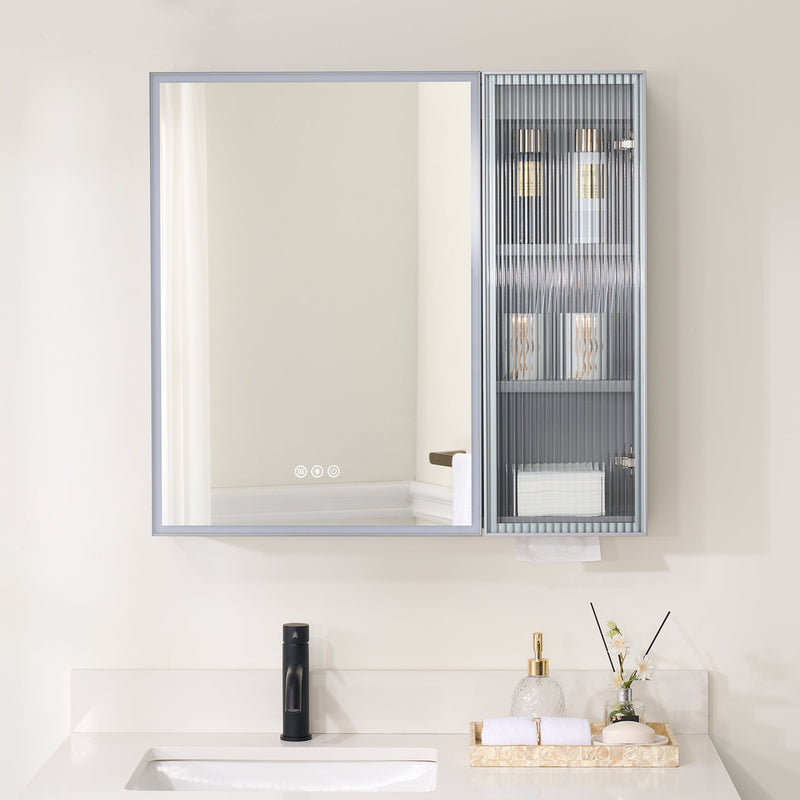 30 in. W x 28 in. H Rectangular Surface Mount LED Mirror Medicine Cabinet in Gray