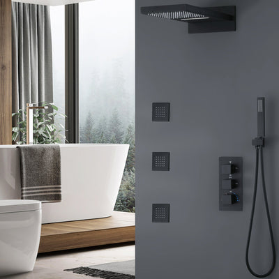 Wall Mounted Golden 3 Handle Thermostatic Shower System With 3 Body Jets