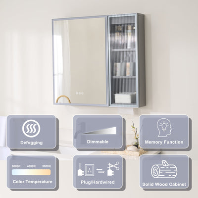 30 in. W x 28 in. H Rectangular Surface Mount LED Mirror Medicine Cabinet in Gray