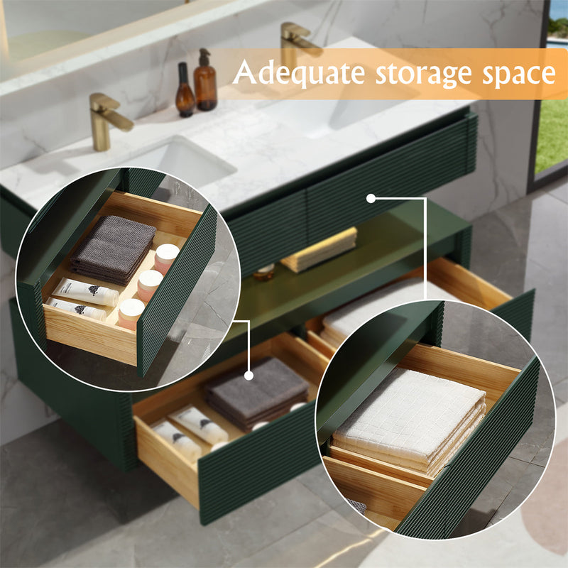 48 in. Floating Bathroom Vanity Set in Green with Lights and White Marble Countertop with Double Basin