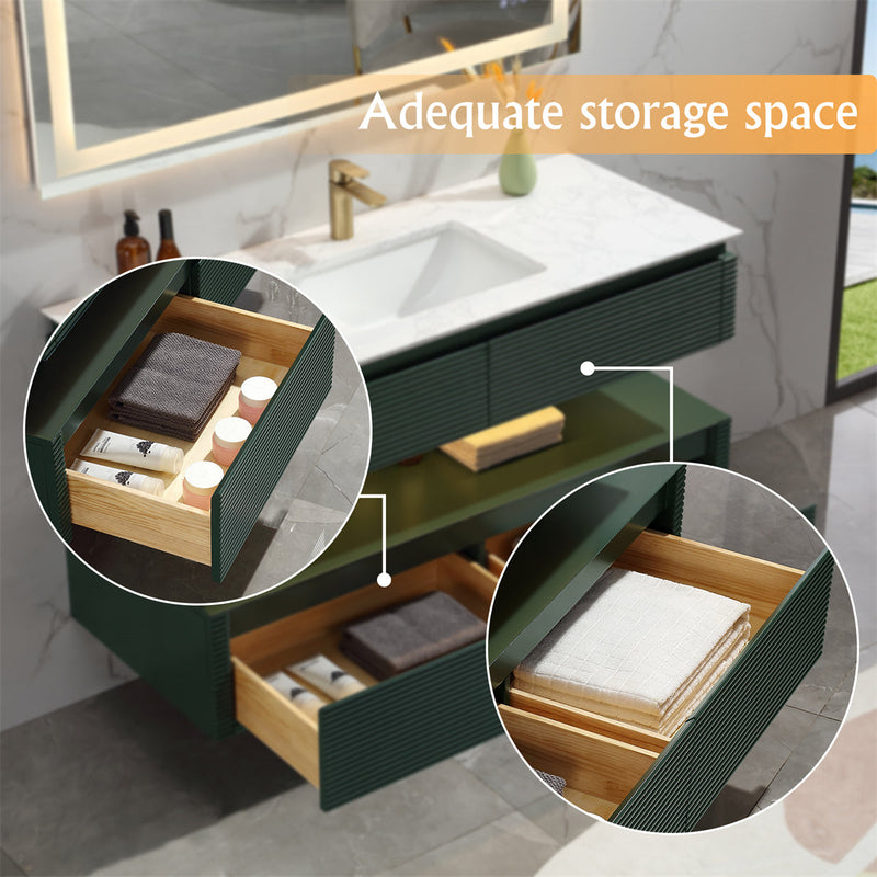 48 in. Floating Bathroom Vanity Set in Green with Lights and White Marble Countertop