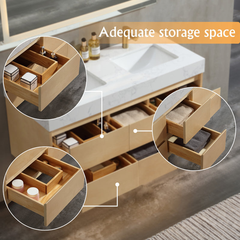 48 inch Modern Floating Maple Wood Bathroom Vanity Cabinet with LED Light and Double Basin