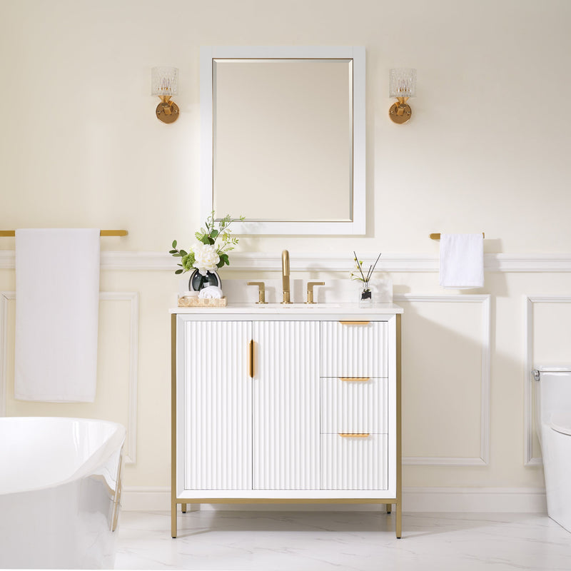 36 in. Bathroom Vanity in White with Quartz Vanity Top in Carrara